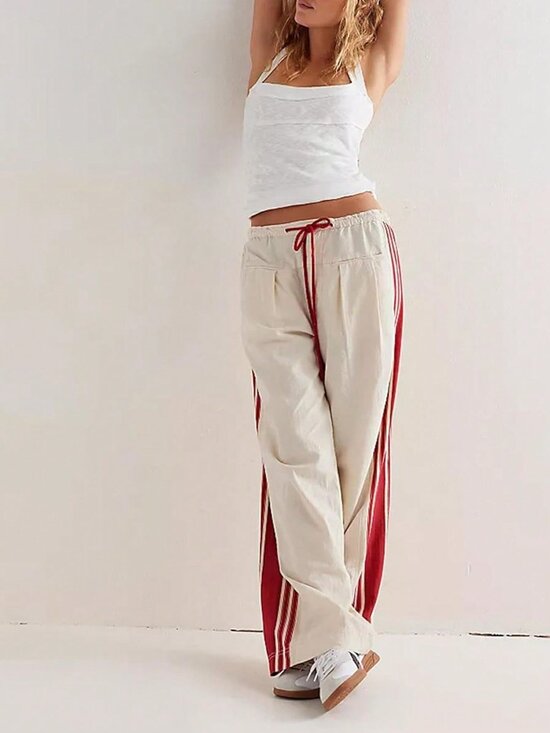 MODA ME COUTURE Pants - Beige Casual Women's High Rise Drawstring Wide Leg Palazzo Pants with Pockets
